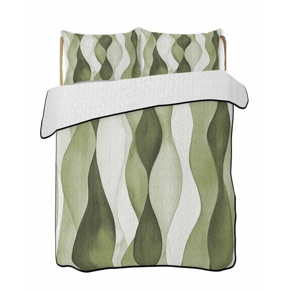 Quilts Twin Size Bedding Set, Sage Green Stripes Lightweight Quilted Comforter, Retro Farmhouse Abstract Ripple Soft Reversible Bedspread Coverlet with Pillow Covers for All Season, 68" x 86"