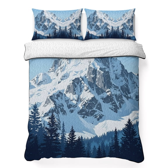 Quilts Twin Size Bedding Set, Snowy Peak Lightweight Quilted Comforter, Pine Forest Winter Mountain Evergreen Trees Soft Reversible Bedspread Coverlet with Pillow Covers for All Season, 68" x 86"