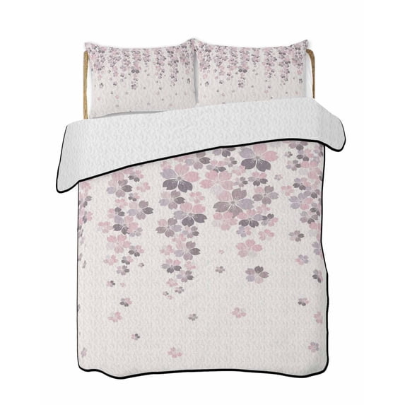 Quilts Twin Size Bedding Set, Spring Floral Lightweight Quilted Comforter, Pink Gray Cherry Blossom Flowers Beige Soft Reversible Bedspread Coverlet with Pillow Covers for All Season, 68" x 86"