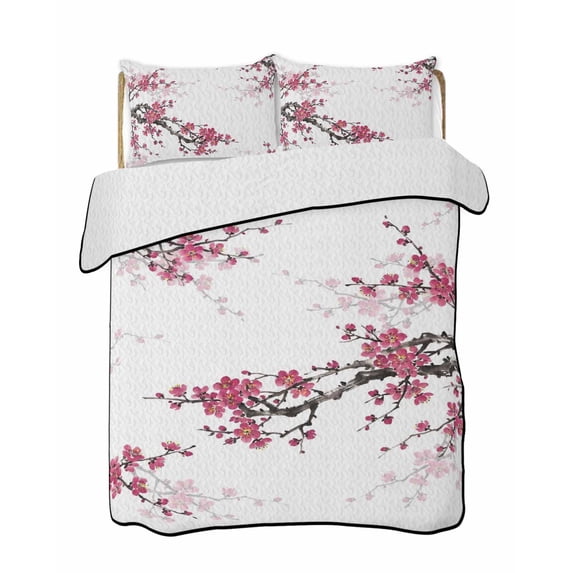 Quilts Twin Size Bedding Set, Spring Floral Lightweight Quilted Comforter, Red Cherry Flowers Branches Oil Painting Art Soft Reversible Bedspread Coverlet with Pillow Covers for All Season, 68" x 86"