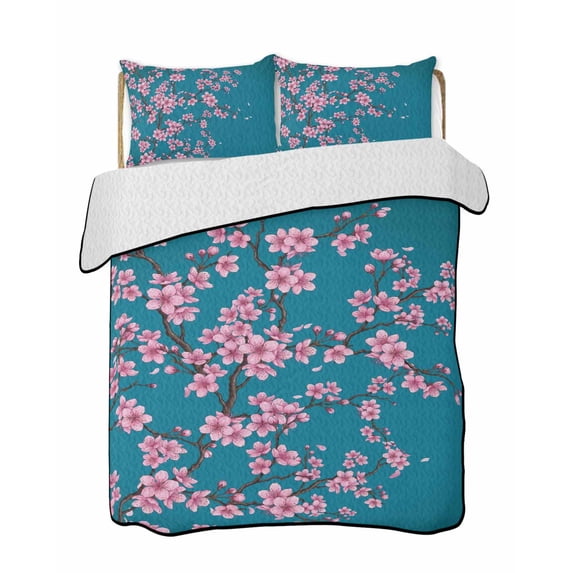 Quilts Twin Size Bedding Set, Spring Floral Lightweight Quilted Comforter, Watercolor Pink Cherry Blossom Branches Blue Soft Reversible Bedspread Coverlet with Pillow Covers for All Season, 68" x 86"