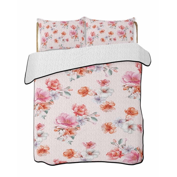 Quilts Twin Size Bedding Set, Spring Flowers Lightweight Quilted Comforter, Watercolor Pink Orange Floral Romantic Rustic Soft Bedspread Coverlet with Pillow Covers for All Season, 68" x 86"