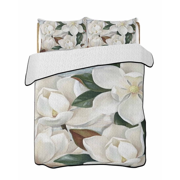 Quilts Twin Size Bedding Set, Spring Magnolia Blossom Lightweight Quilted Comforter, White Flowers Leaves Plants Country Reversible Bedspread Coverlet with Pillow Covers for All Season, 68" x 86"