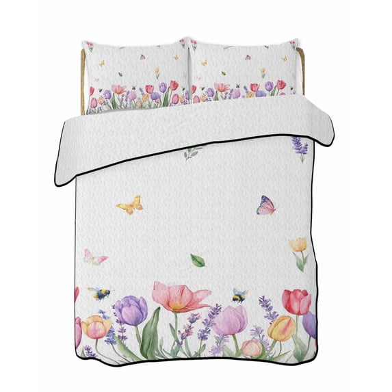 Quilts Twin Size Bedding Set, Spring Tulips Lightweight Quilted Comforter, Colorful Floral Spring Farmhouse Soft Reversible Bedspread Coverlet with Pillow Covers for All Season, 68" x 86"