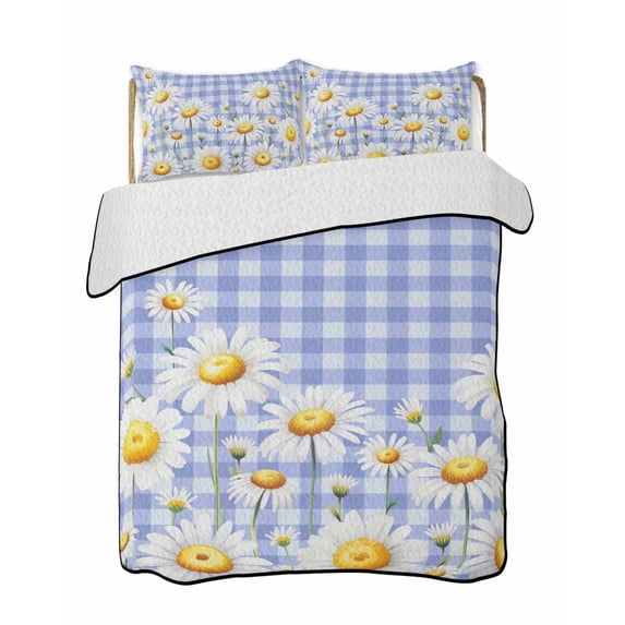 Quilts Twin Size Bedding Set, Spring White Daisy Lightweight Quilted Comforter, Farmhouse Floral Blue Purple Plaid Soft Reversible Bedspread Coverlet with Pillow Covers for All Season, 68" x 86"