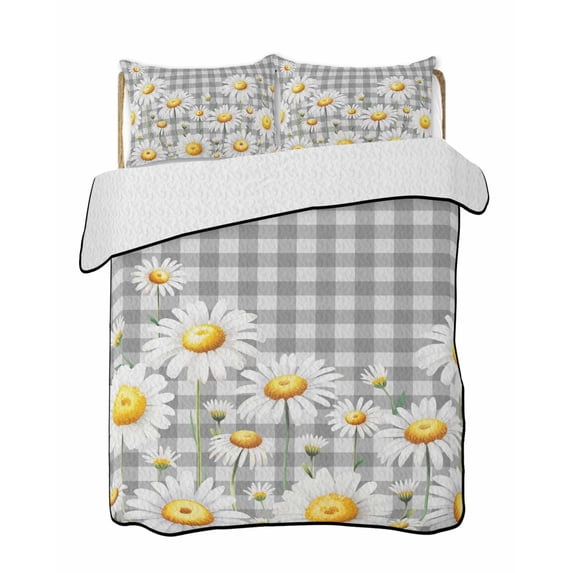 Quilts Twin Size Bedding Set, Spring White Daisy Lightweight Quilted Comforter, Farmhouse Floral Gray Buffalo Plaid Soft Reversible Bedspread Coverlet with Pillow Covers for All Season, 68" x 86"