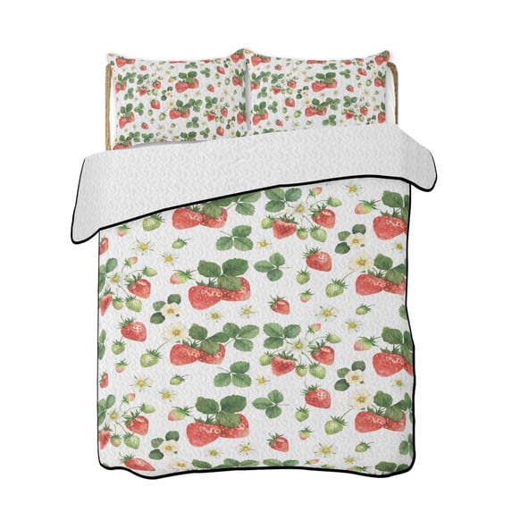 Quilts Twin Size Bedding Set, Strawberry Lightweight Quilted Comforter, Fruits Green Palm Leaves Red Watercolor Soft Reversible Bedspread Coverlet with Pillow Covers for All Season, 68" x 86"