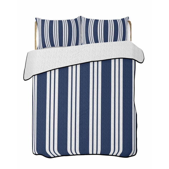 Quilts Twin Size Bedding Set, Striped Navy Blue Lightweight Quilted Comforter, Farmhouse Line Stripes Classic Soft Reversible Bedspread Coverlet with Pillow Covers for All Season, 68" x 86"