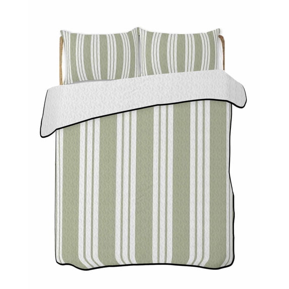 Quilts Twin Size Bedding Set, Striped Sage Green Lightweight Quilted Comforter, Farmhouse Line Stripes Classic Soft Reversible Bedspread Coverlet with Pillow Covers for All Season, 68" x 86"