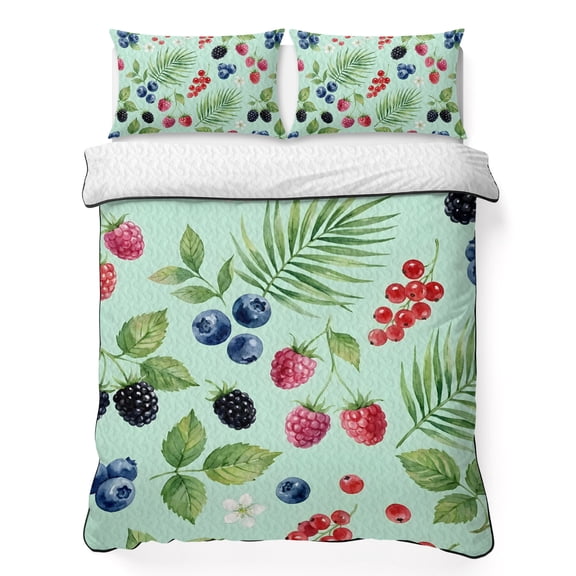 Quilts Twin Size Bedding Set, Summer Berry Lightweight Quilted Comforter, Botanical Blueberry Raspberry Flowers Leaves Soft Reversible Bedspread Coverlet with Pillow Covers for All Season, 68" x 86"