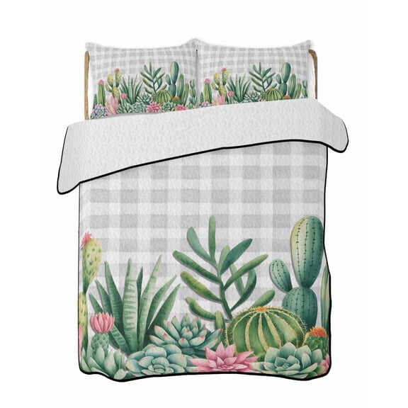 Quilts Twin Size Bedding Set, Summer Botanical Lightweight Quilted Comforter, Tropical Cactus Succulents Gray Plaid Soft Reversible Bedspread Coverlet with Pillow Covers for All Season, 68" x 86"