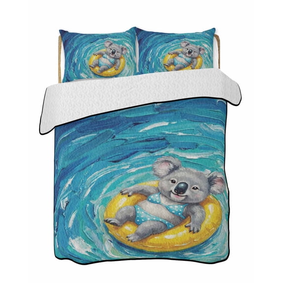 Quilts Twin Size Bedding Set, Summer Koala Lightweight Quilted Comforter, Blue Ocean Oil Painting Swimming Ring Soft Reversible Bedspread Coverlet with Pillow Covers for All Season, 68" x 86"