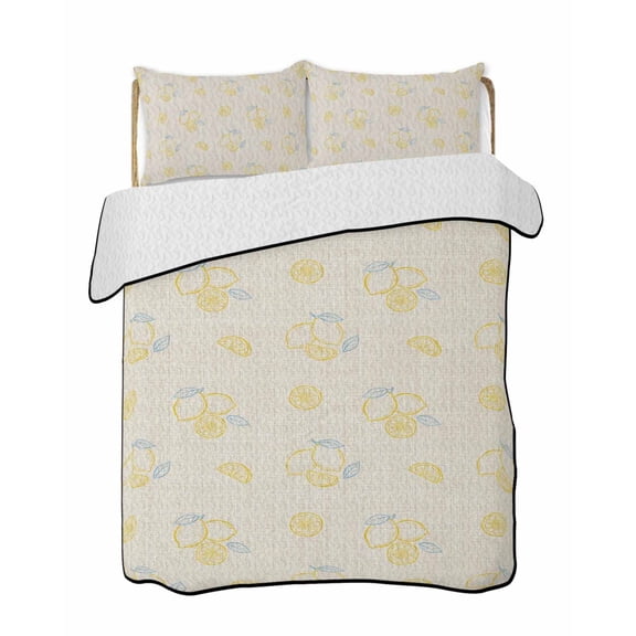 Quilts Twin Size Bedding Set, Summer Lemon Lightweight Quilted Comforter, Yellow Fruits Leaves Lemon Farmhouse Beige Soft Reversible Bedspread Coverlet with Pillow Covers for All Season, 68" x 86"