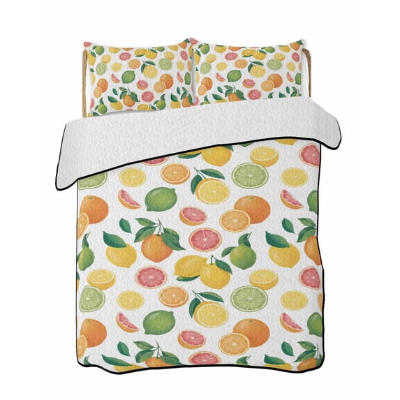 Quilts Twin Size Bedding Set, Summer Lemon Orange Lightweight Quilted Comforter, Farmhouse Tropical Fruit Watercolor Soft Reversible Bedspread Coverlet with Pillow Covers for All Season, 68" x 86"