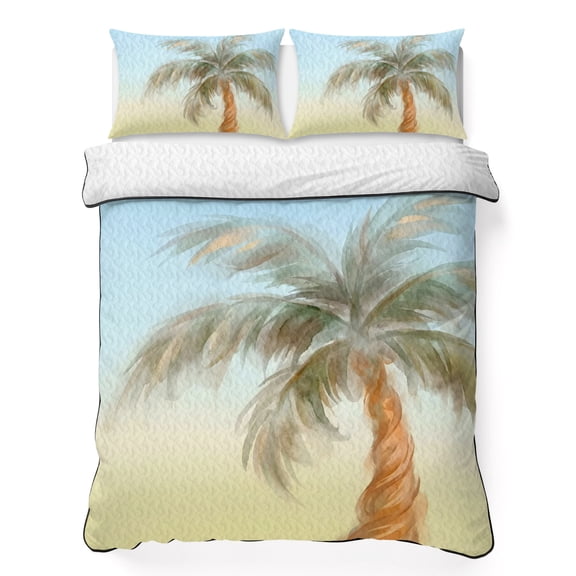 Quilts Twin Size Bedding Set, Summer Palm Tree Lightweight Quilted Comforter, Tropical Plants Beach Coconut Trees Soft Reversible Bedspread Coverlet with Pillow Covers for All Season, 68" x 86"