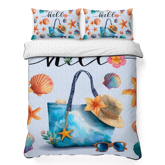 Quilts Twin Size Bedding Set, Sunmmer Beach Lightweight Quilted Comforter, Nautical Starfish Shells Bags Floral Watercolor Soft Bedspread Coverlet with Pillow Covers for All Season, 68" x 86"