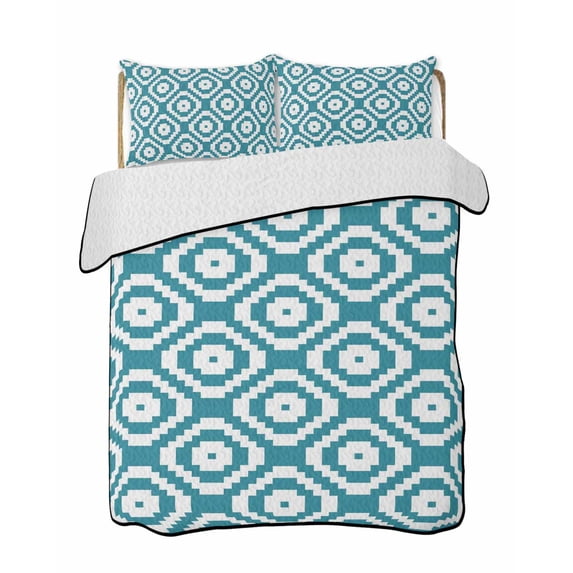 Quilts Twin Size Bedding Set, Teal Blue Geometric Lightweight Quilted Comforter, Modern Abstract Art Rhombus Soft Reversible Bedspread Coverlet with Pillow Covers for All Season, 68" x 86"
