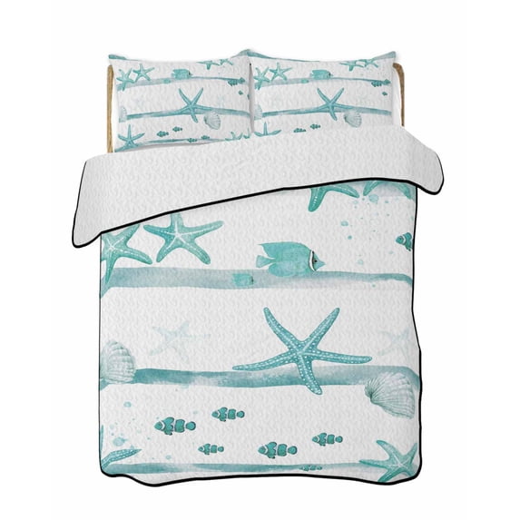 Quilts Twin Size Bedding Set, Teal Green Coastal Starfish Lightweight Quilted Comforter, Summer Conch Sea Fish Stripes Soft Reversible Bedspread Coverlet with Pillow Covers for All Season, 68" x 86"