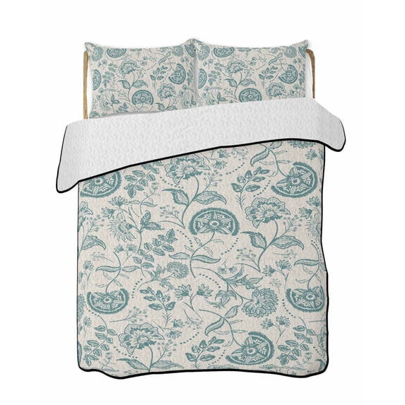 Quilts Twin Size Bedding Set, Teal Green Spring Floral Lightweight Quilted Comforter, Retro Farmhouse Summer Botanical Soft Reversible Bedspread Coverlet with Pillow Covers for All Season, 68" x 86"