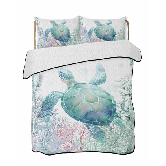 Quilts Twin Size Bedding Set, Teal Sea Turtle Lightweight Quilted Comforter, Summer Coastal Coral Ocean Soft Reversible Bedspread Coverlet with Pillow Covers for All Season, 68" x 86"