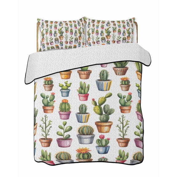 Quilts Twin Size Bedding Set, Tropical Cactus Lightweight Quilted Comforter, Spring Summer Potted Plants Watercolor Soft Reversible Bedspread Coverlet with Pillow Covers for All Season, 68" x 86"