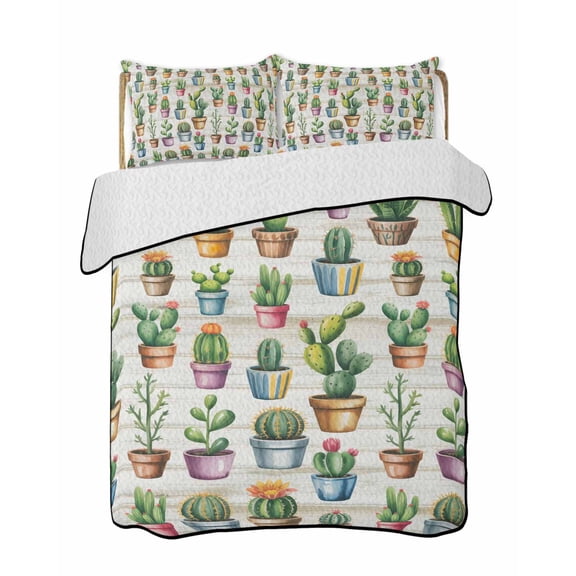Quilts Twin Size Bedding Set, Tropical Cactus Lightweight Quilted Comforter, Spring Summer Potted Plants Wooden Soft Reversible Bedspread Coverlet with Pillow Covers for All Season, 68" x 86"
