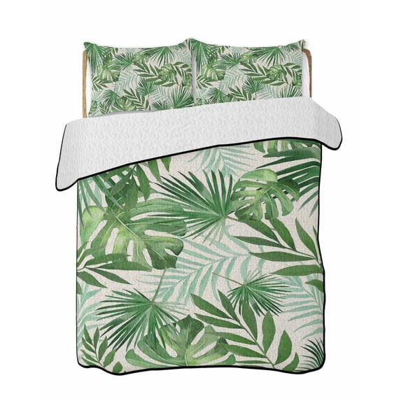 Quilts Twin Size Bedding Set, Tropical Palm Leaves Lightweight Quilted Comforter, Green Monstera Leaf Plants Summer Beige Soft Bedspread Coverlet with Pillow Covers for All Season, 68" x 86"