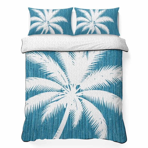 Quilts Twin Size Bedding Set, Tropical Palm Tree Lightweight Quilted Comforter, Turquoise Summer Coastal Coconut Leaves Soft Reversible Bedspread Coverlet with Pillow Covers for All Season, 68" x 86"