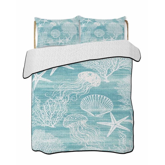 Quilts Twin Size Bedding Set, Turquoise Coastal Lightweight Quilted Comforter, Nautical Starfish Coral Jellyfish Shell Sea Soft Bedspread Coverlet with Pillow Covers for All Season, 68" x 86"