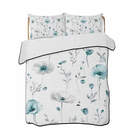 Quilts Twin Size Bedding Set, Turquoise Flowers Lightweight Quilted Comforter, Farmhouse Spring Botanical Floral Soft Reversible Bedspread Coverlet with Pillow Covers for All Season, 68" x 86"