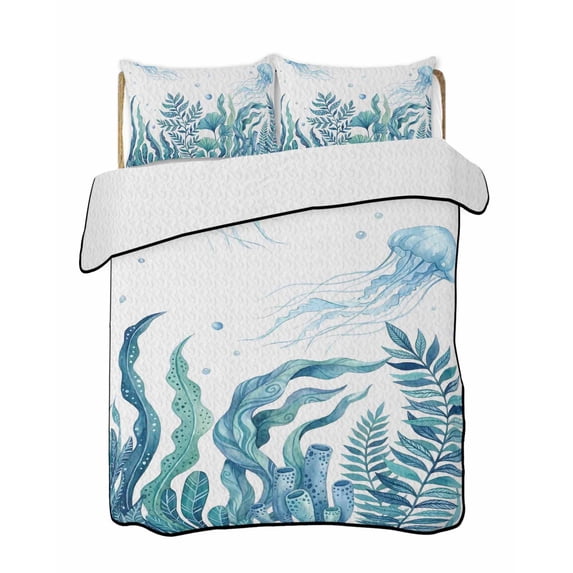 Quilts Twin Size Bedding Set, Turquoise Jellyfish Coastal Lightweight Quilted Comforter, Summer Beach Ocean Seaweed Soft Reversible Bedspread Coverlet with Pillow Covers for All Season, 68" x 86"