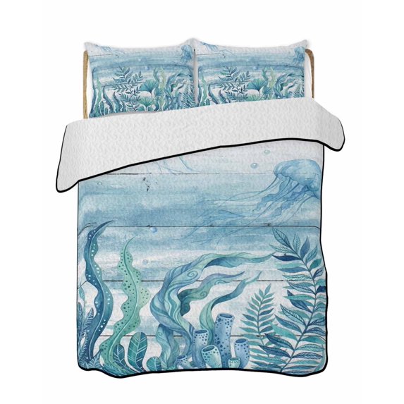 Quilts Twin Size Bedding Set, Turquoise Jellyfish Coastal Lightweight Quilted Comforter, Summer Ocean Seaweed Wooden Soft Reversible Bedspread Coverlet with Pillow Covers for All Season, 68" x 86"