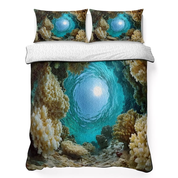 Quilts Twin Size Bedding Set, Underwater Cave Lightweight Quilted Comforter, Sunbeams Coral Coastal Soft Reversible Bedspread Coverlet with Pillow Covers for All Season, 68" x 86"