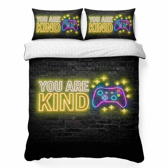 Quilts Twin Size Bedding Set, Video Games Lightweight Quilted Comforter, Modern Game Zone Geometric Graffiti Brick Soft Reversible Bedspread Coverlet with Pillow Covers for All Season, 68" x 86"