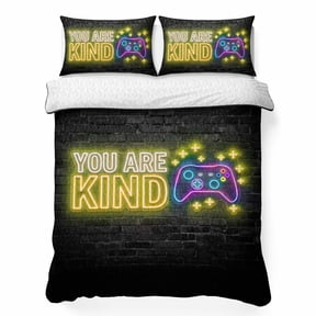 Quilts Twin Size Bedding Set, Video Games Lightweight Quilted Comforter, Modern Game Zone Geometric Graffiti Brick Soft Reversible Bedspread Coverlet with Pillow Covers for All Season, 68" x 86"