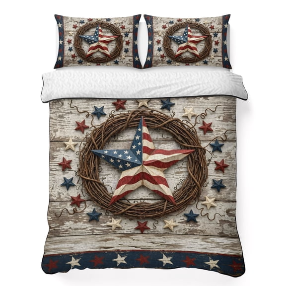 Quilts Twin Size Bedding Set, Vintage 4th of July Lightweight Quilted Comforter, Independence Day Star USA Flag Soft Reversible Bedspread Coverlet with Pillow Covers for All Season, 68" x 86"