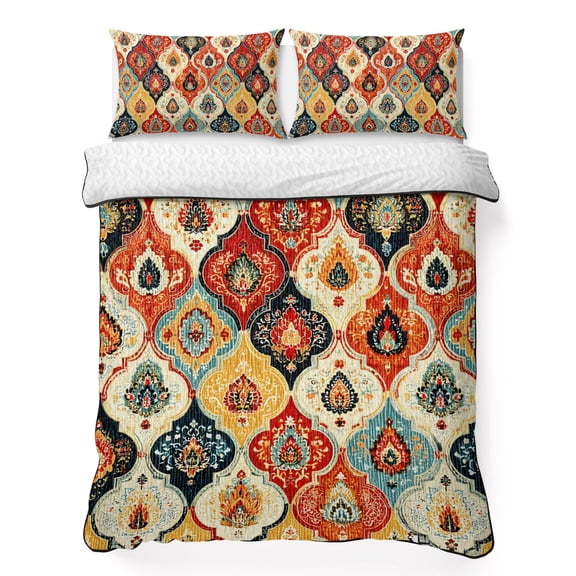 Quilts Twin Size Bedding Set, Vintage Moroccan Lightweight Quilted Comforter, Abstract Bohemia Geometric Pattern Orange Soft Reversible Bedspread Coverlet with Pillow Covers for All Season, 68" x 86"