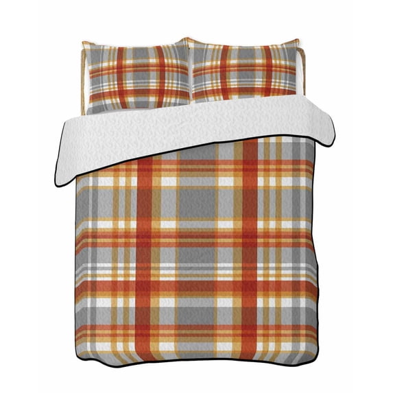 Quilts Twin Size Bedding Set, Vintage Plaid Lightweight Quilted Comforter, Autumn Orange Red Grey Checkered Farmhouse Soft Reversible Bedspread Coverlet with Pillow Covers for All Season, 68" x 86"