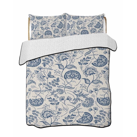 Quilts Twin Size Bedding Set, Vintage Spring Floral Lightweight Quilted Comforter, Farmhouse Summer Botanical Retro Soft Reversible Bedspread Coverlet with Pillow Covers for All Season, 68" x 86"
