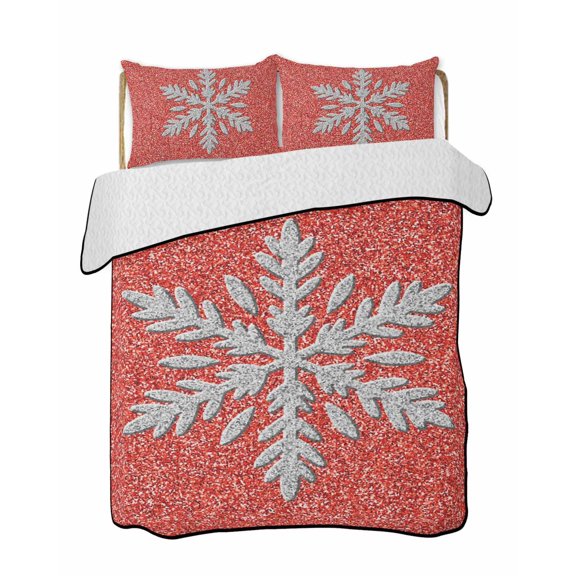 Quilts Twin Size Bedding Set, Winter Snowflake Lightweight Quilted Comforter, Modern Sparkling Snowflakes Red Soft Reversible Bedspread Coverlet with Pillow Covers for All Season, 68" x 86"