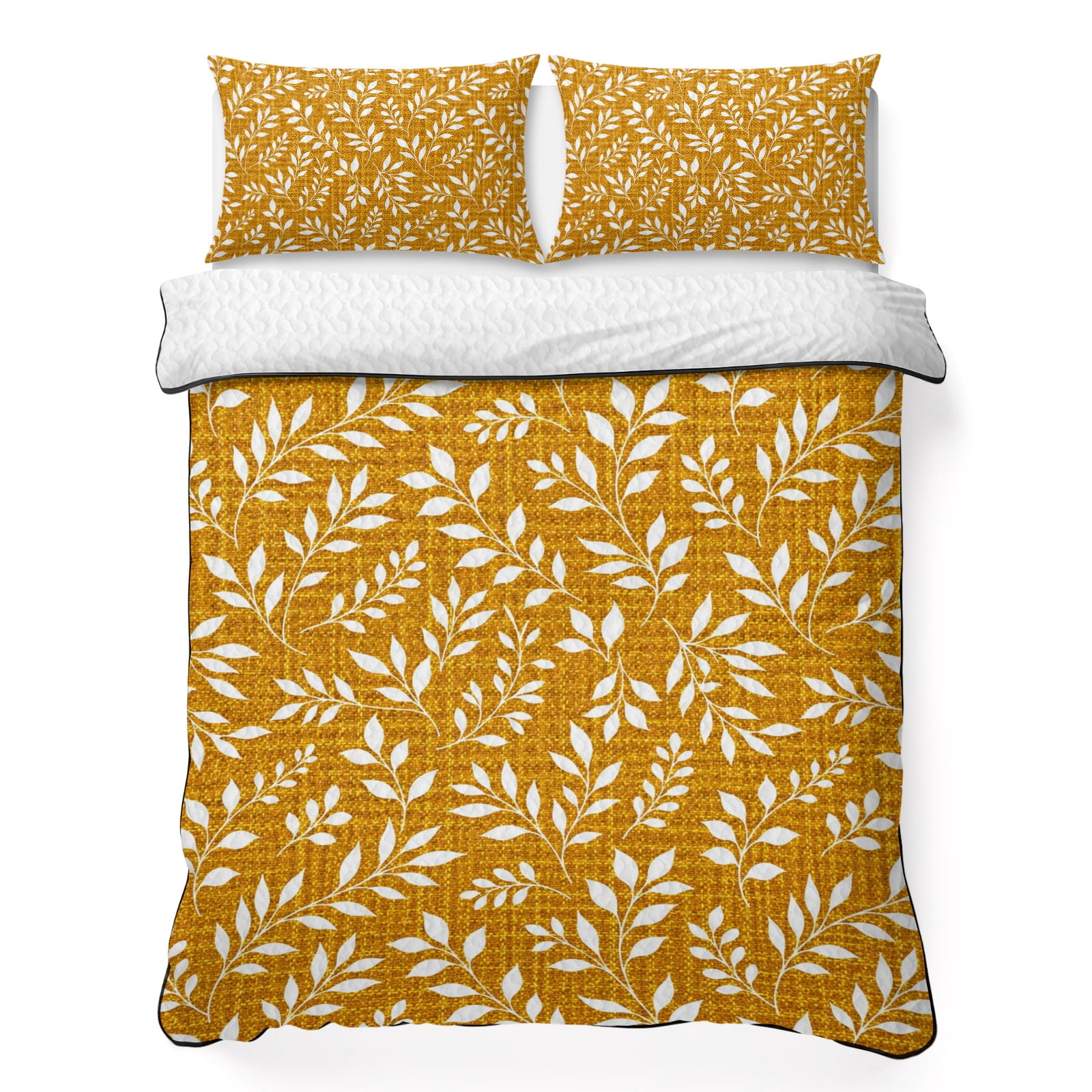 Quilts Twin Size Bedding Set, Yellow Brown Farmhouse Leaf Lightweight ...