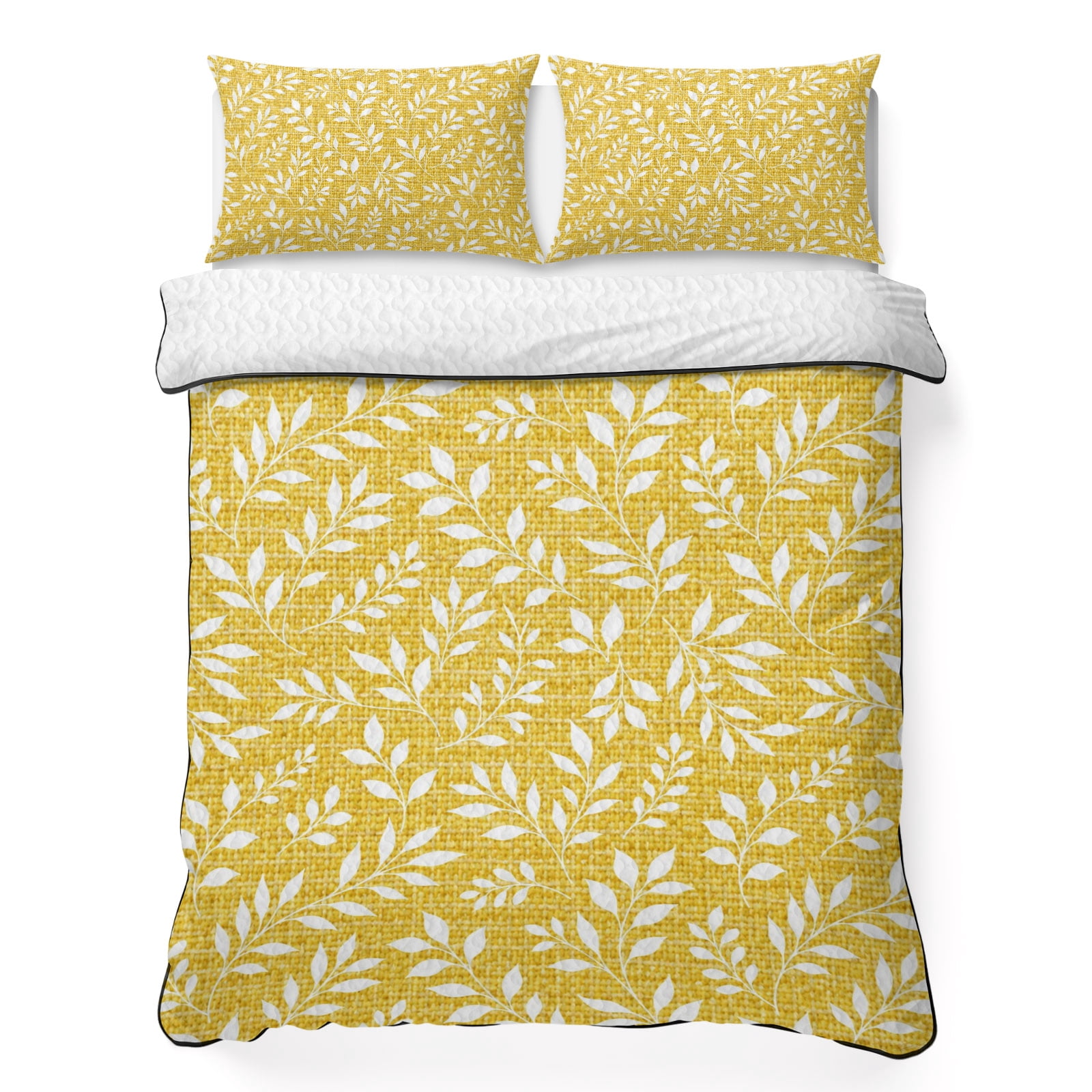 Quilts Twin Size Bedding Set, Yellow Farmhouse Leaf Lightweight Quilted ...