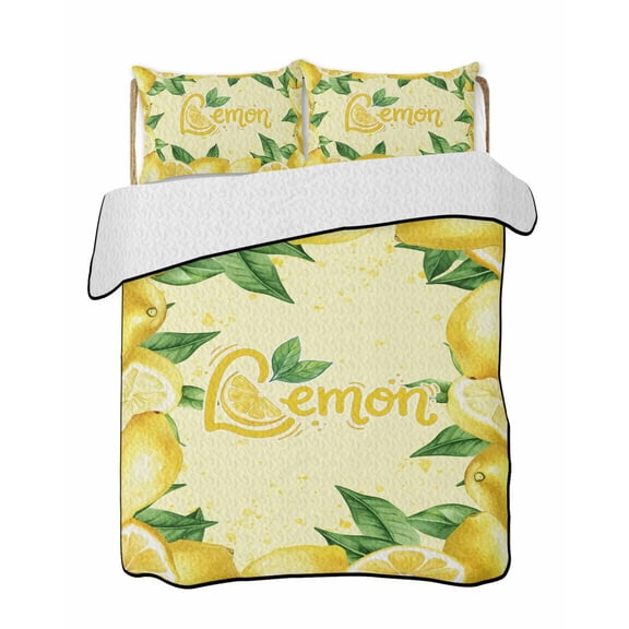 Quilts Twin Size Bedding Set, Yellow Lemon Lightweight Quilted Comforter, Summer Botanical Lemons Cute Yellow Soft Reversible Bedspread Coverlet with Pillow Covers for All Season, 68" x 86"