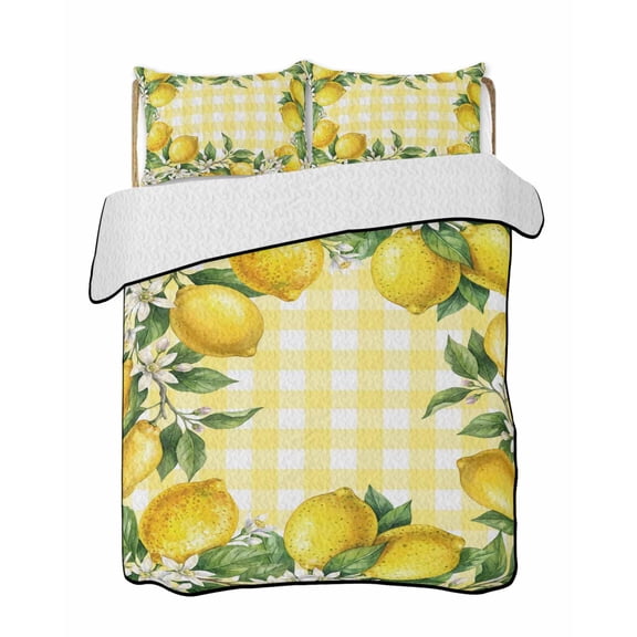 Quilts Twin Size Bedding Set, Yellow Lemon Lightweight Quilted Comforter, Summer Floral Fruit Leaves Botanical Grid Soft Reversible Bedspread Coverlet with Pillow Covers for All Season, 68" x 86"