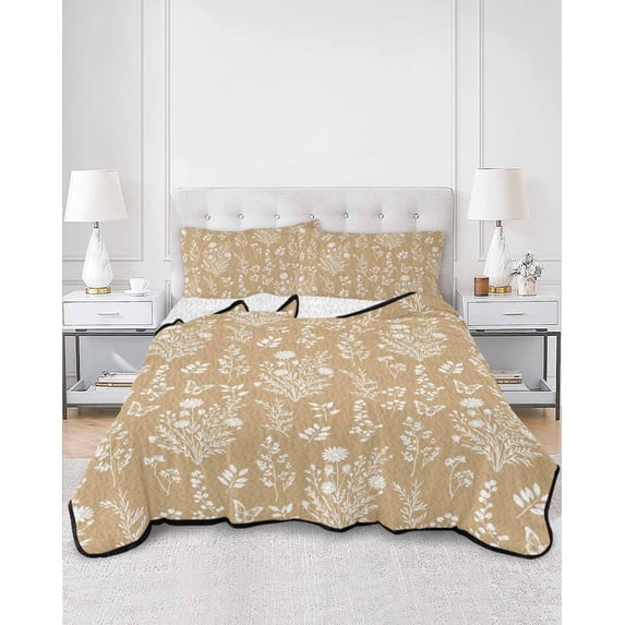 Quilts Twin Size, Beige Botanical Soft Comforter Bedding Set for Bed, Spring Summer Chic Wildflowers Lightweight Quilted Bedspread with Pillow Cover(2 Pieces) for All Season, 68x86 Inch