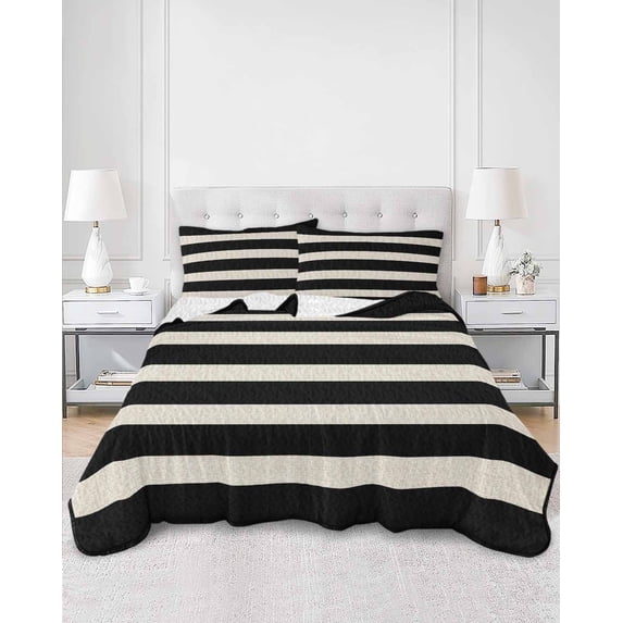 Quilts Twin Size, Black Beige Striped Soft Comforter Bedding Set for Bed, Vintage Geometric Line Simple Lightweight Quilted Bedspread with Pillow Cover(2 Pieces) for All Season, 68x86 Inch