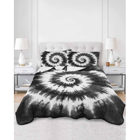 Quilts Twin Size, Black Gray Ombre Soft Comforter Bedding Set for Bed, Retro Abstract Tie-dye Tribal Boho Lightweight Quilted Bedspread with Pillow Cover(2 Pieces) for All Season, 68x86 Inch