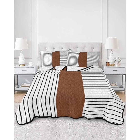 Quilts Twin Size, Black Striped Geometric Soft Comforter Bedding Set for Bed, Modern Boho Brown Lightweight Quilted Bedspread with Pillow Cover(2 Pieces) for All Season, 68x86 Inch