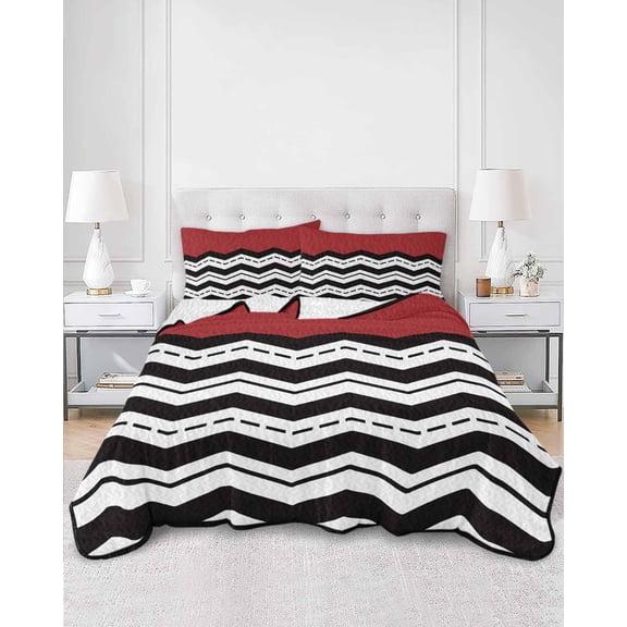 Quilts Twin Size, Black White Chevron Soft Comforter Bedding Set for Bed, Geometric Red Sea Wavy Striped Lightweight Quilted Bedspread with Pillow Cover(2 Pieces) for All Season, 68x86 Inch