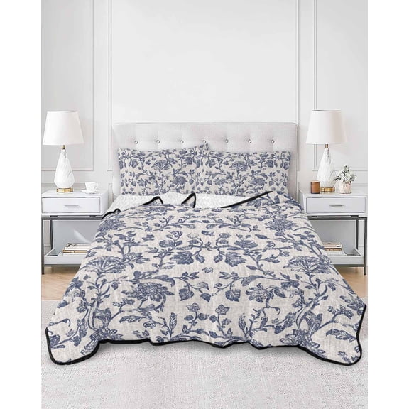 Quilts Twin Size, Blue Floral Leaf Soft Comforter Bedding Set for Bed, Retro Farmhouse Plant Tree Branch Lightweight Quilted Bedspread with Pillow Cover(2 Pieces) for All Season, 68x86 Inch